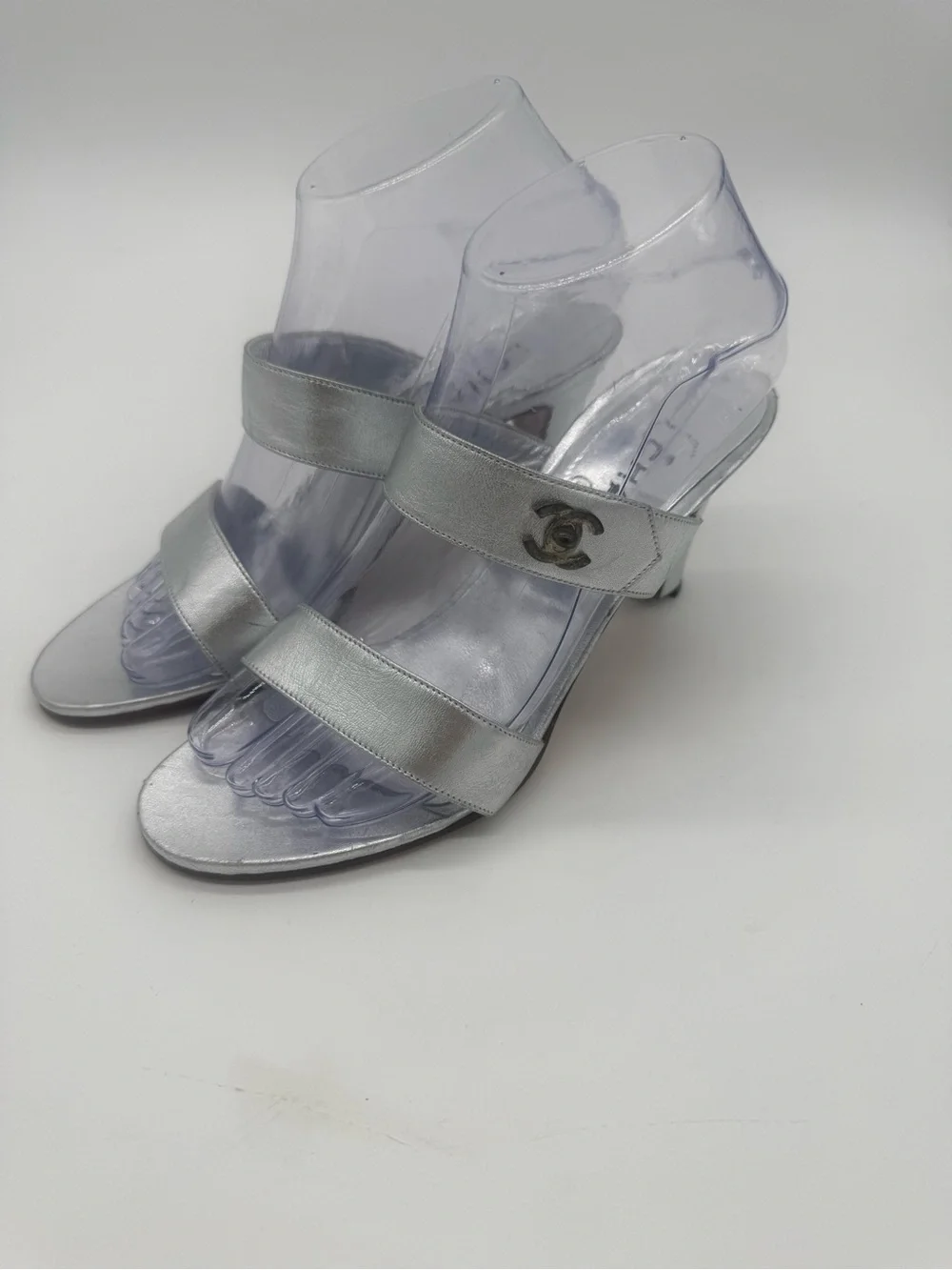 CHANEL Silver Metallic CC Turnlock Mules Heels 38